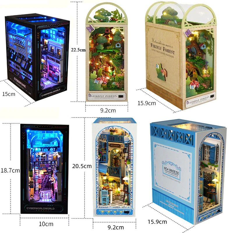 DIY Wooden Book Nook Shelf Insert Kit Ocean Room Doll Houses Underwater House Bookends Miniature Building Kits Bookshelf Gifts 6