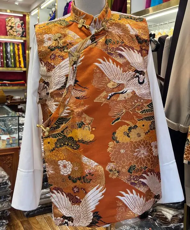 Chinese Tibetan Vest Men Spring Tops Jacquard Tradition Stage Gold Colour