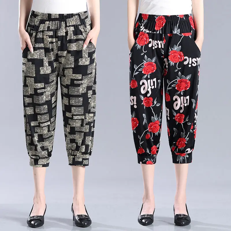 

Summer Thin Vintage Printed Bloomers Loose High Waist Elastic Female Clothing Commute Stylish Pockets Spliced Casual Capri Pants