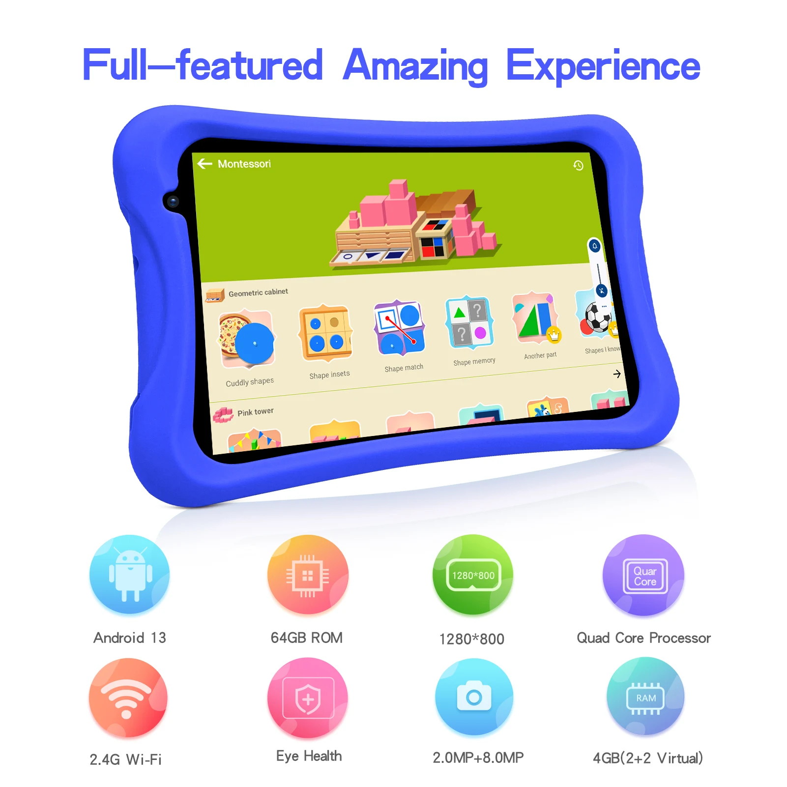 PRITOM 8 인치 어린이 태블릿, 안드로이드 13 고 쿼드 코어 프로세서, 4GB(2 + 2 가상) RAM, 64GB ROM, 8.0 MP 후면 카메라, 보호 케이스 포함