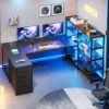 L Shaped Gaming Desk,Reversible U Shaped Computer Desk with Power Outlet and Storage Shelves, Corner Gaming Desk with LED Lights 1