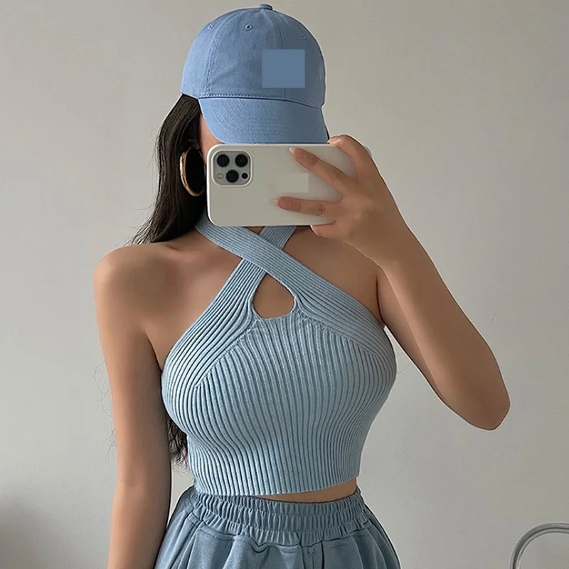 Vest Crop Top Women Halter Tops Cross Strappy Sexy Tank TopsFemale Knitted Off Shoulder Crop Tops For Women 2022 Summer Sports