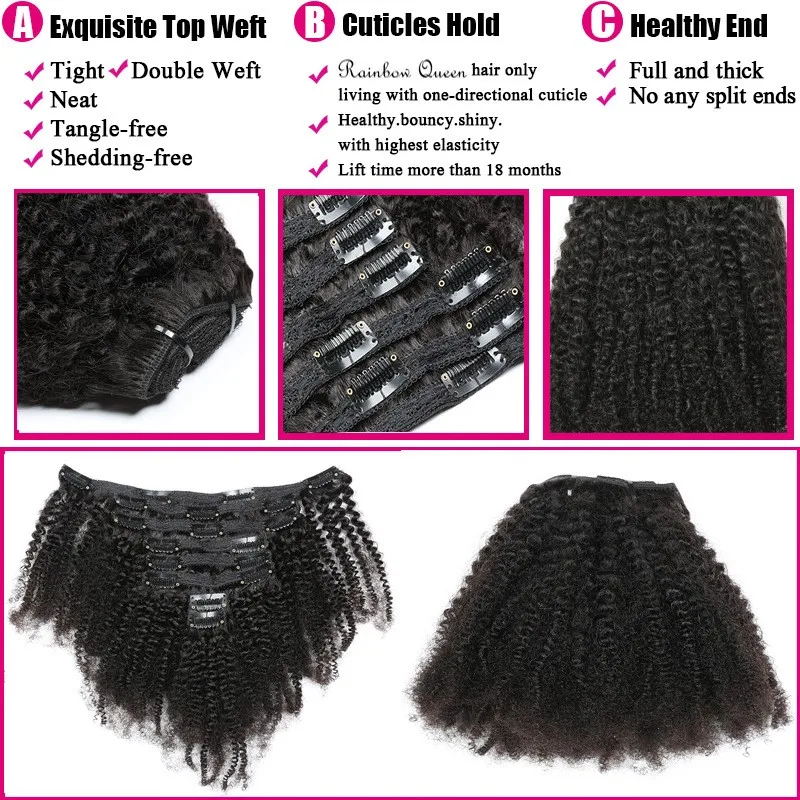 Afro Kinky Curly Clip In Hair Extension Human Hair 4B 4C Remy Extension Clip Ins 8pcs/Set 100g Full Head Natural Black