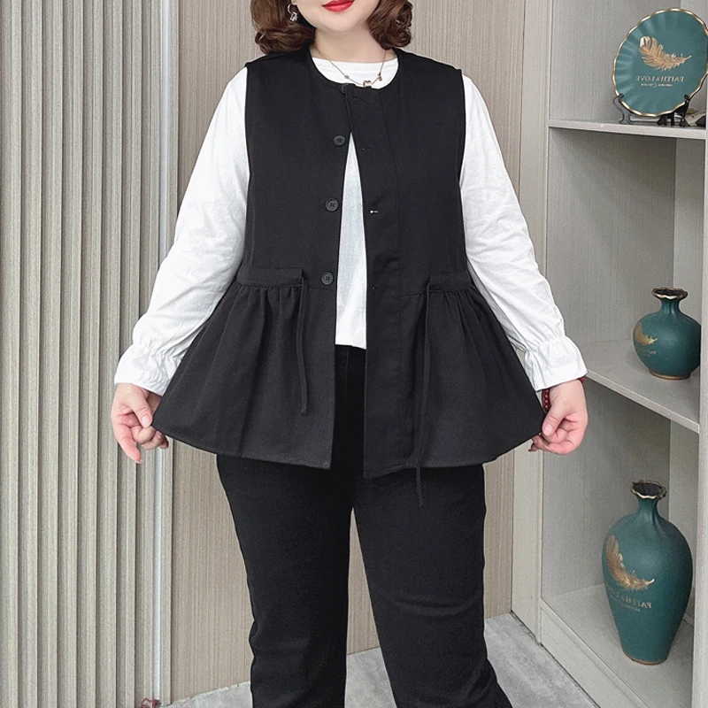 Autumn Plus Size Women's Sleeveless Jacket Fashion Drawstring Waist Waistcoat Female Loose Washed Cotton Vest 2423