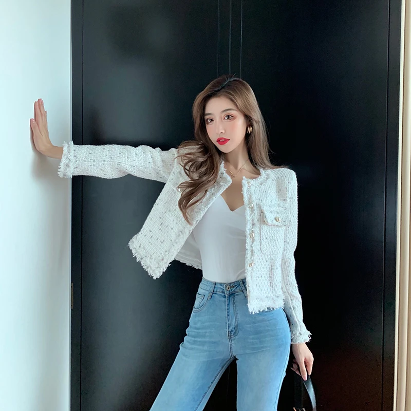 2021 nuovo arrivo cappotto corto in Tweed donna o-collo monopetto