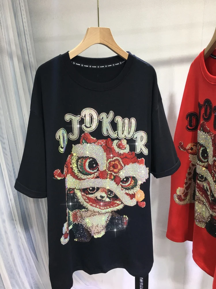 

Luxury Shiny Hot Drilling Women Tshirts Dragon Year New 2024 Spring Thicken Sanding Mid-long O-neck Pullovers Top Oversize Tees