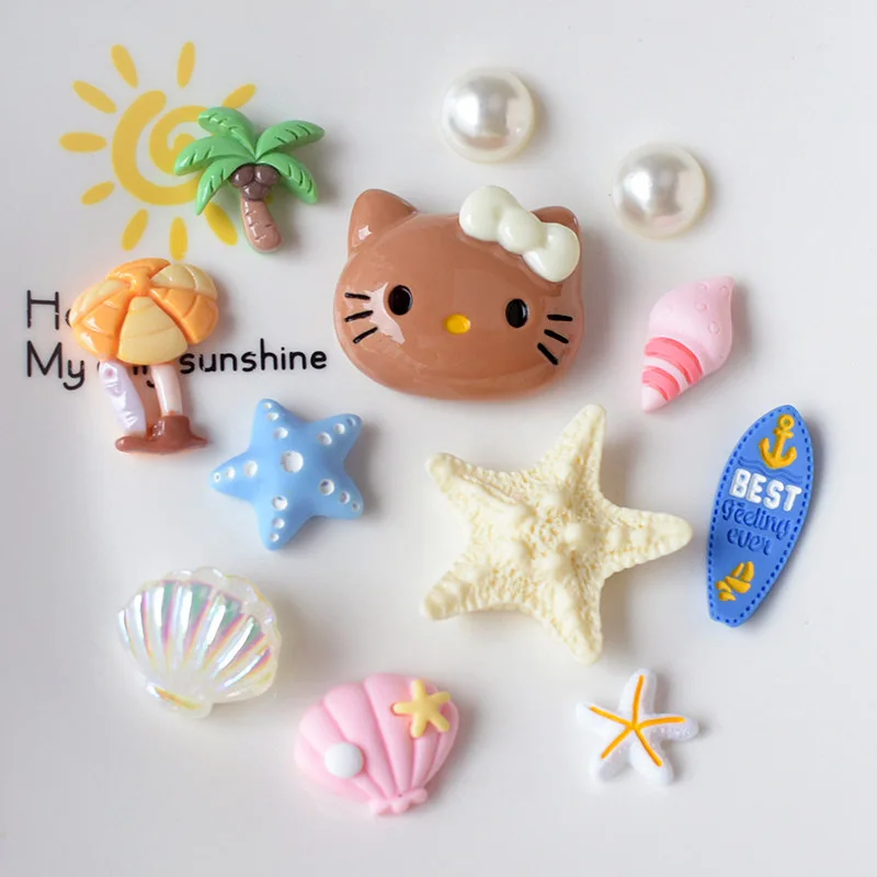 여름 해변 바다 테마 레진 슈즈 참 귀여운 헬로키티 고양이 불가사리 조개 디자인 DIY 신발 액세서리 여성 소녀 선물
