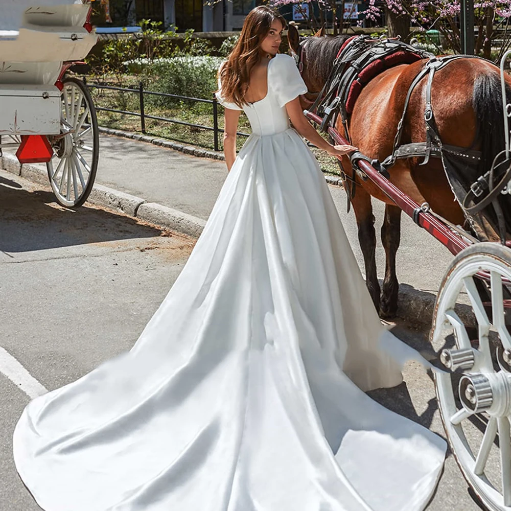SoDigne Boho Satin A-Line Wedding Dress 2022 Elegant Short Puff Sleeves Square Neck Women Princess Bridal Gown Customized 13 S1c04f635eecb44529a17ad2c230711ee4
