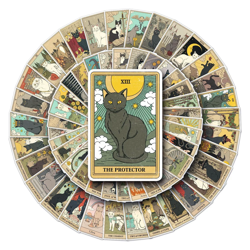 50/62pcs Retro Cat Tarot Stickers Scrapbook Stationery Ipad Vintage Sticker Aesthetic Scrapbooking Material Craft Supplies decorative stickers,paper stickers,animal stickers