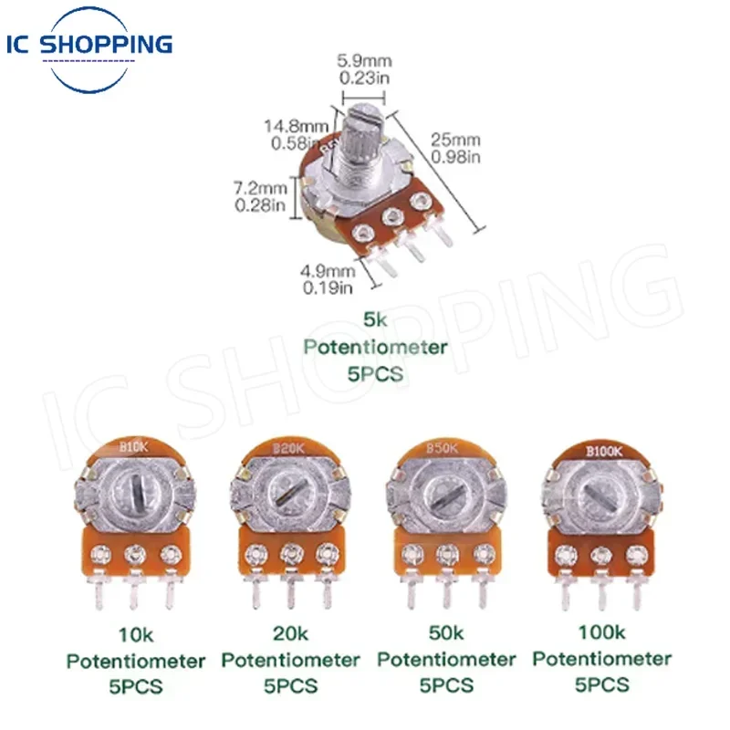 Potentiometer kit multiturn potentiometer linear potentiometer rotary potentiometer trimmer potentiometer adjustable resistor potentiometer knobs 50PCS WH148 Single Linked Potentiometer B1K 2K 5K 10K 20K 50K 100K 500K 1M Handle Length 15mm Adjustable Resistance