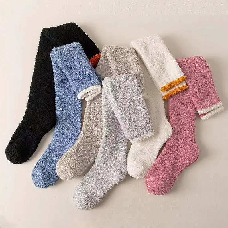 Winter Socks Long Warm Coral Fleece Over-knee High Socks For Women Plush Home Sleep Floor Socking Solid Soft Thigh High Sock
