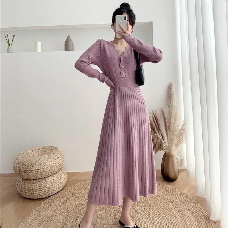 

French Retro V-neck Knitted Dress for Women in Autumn Winter 2023 New Arrival Mid Length Waisted Slim Bottomed Woolen Skirt