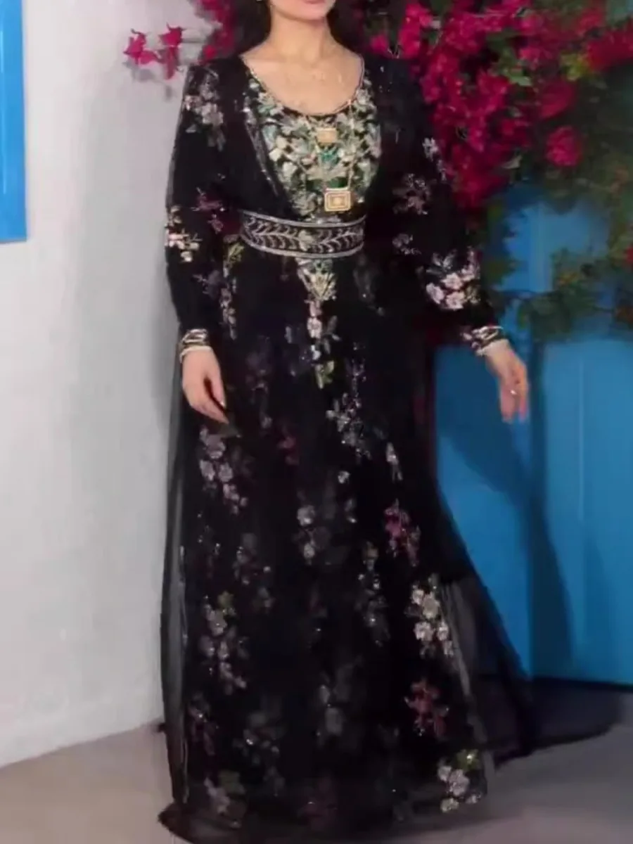 Eid Muslim Party Dress for Women Print Floral Ramadan Abaya Long Dress Belt Morocco Vestidos Largos Dubai Robe Jalabiya 2024