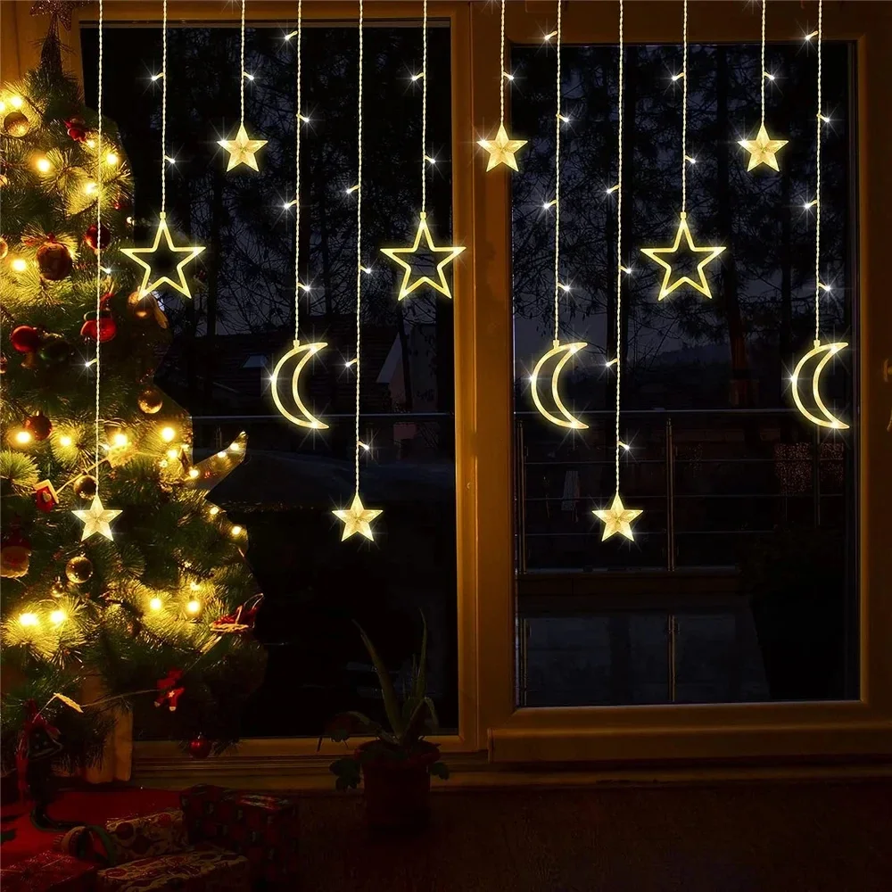 

220V 138 LEDs Curtain Lights Christmas Moon Star Window Fairy String Lights for Indoor Window Patio Kid Bedroom Decoration