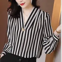 2022 Stripe Office Wear Chiffon Profession Blouses Temperament Fashion Woman Urban Top with Sleeves Ladies Aesthetic Basic Shirt 3
