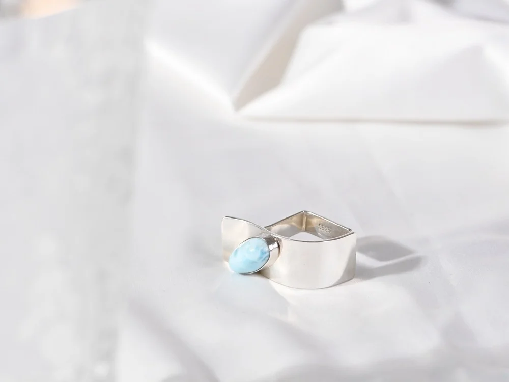 925 Sterling Silver Natural Larimar Irregular Open Big Rings