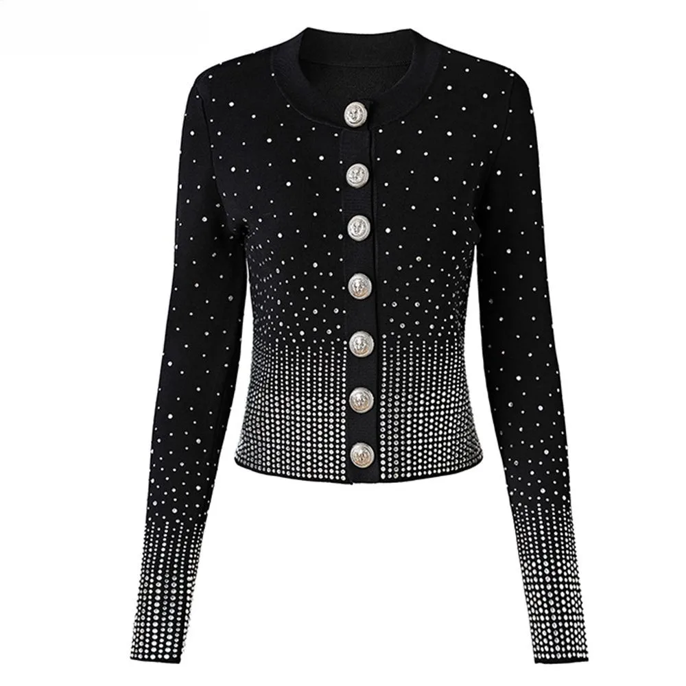 

New Autumn Luxury Shining Stones Party Design Black Knitting Stretchy Bling Street Sweater High Quality