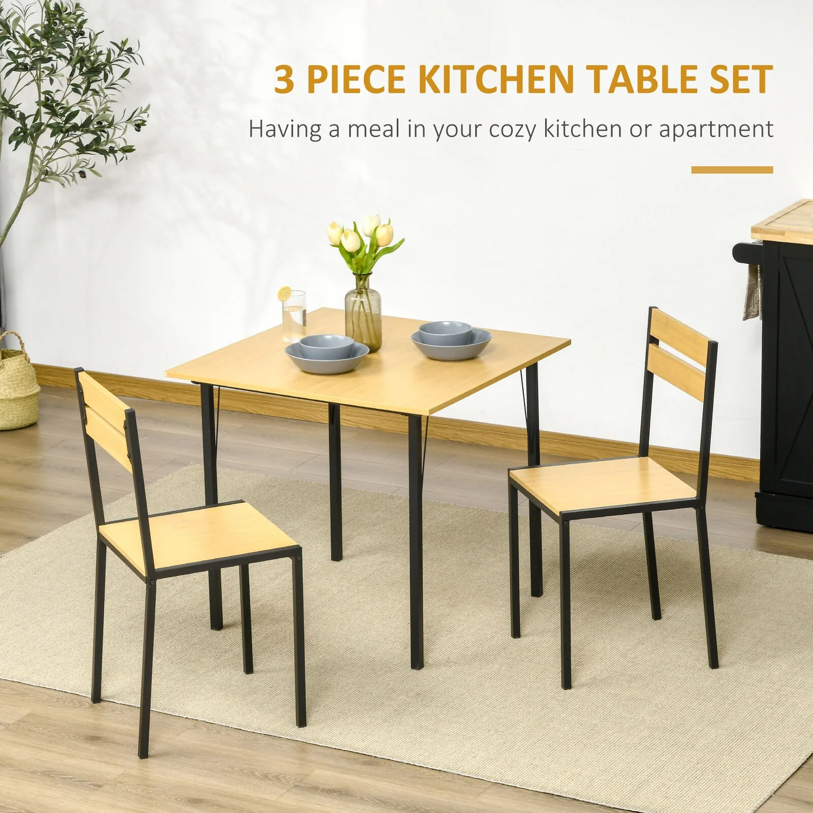 3-Piece Dining Room Kitchen Table & 2 Chairs Furniture Set for Home, Bamboo United States
