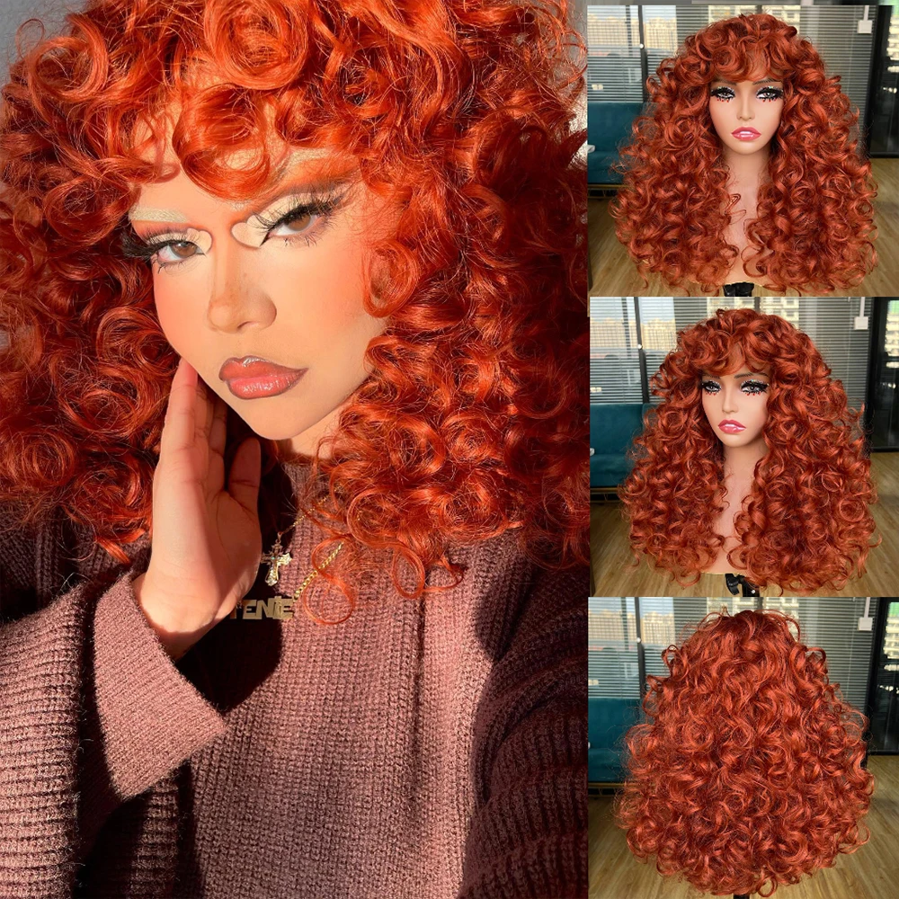 Red Ginger Wig for Women Long Curly Wave Wigs with Bangs Copper Synthetic Wig Natural Cosplay Party Heat Resistant Hair Hihoo
