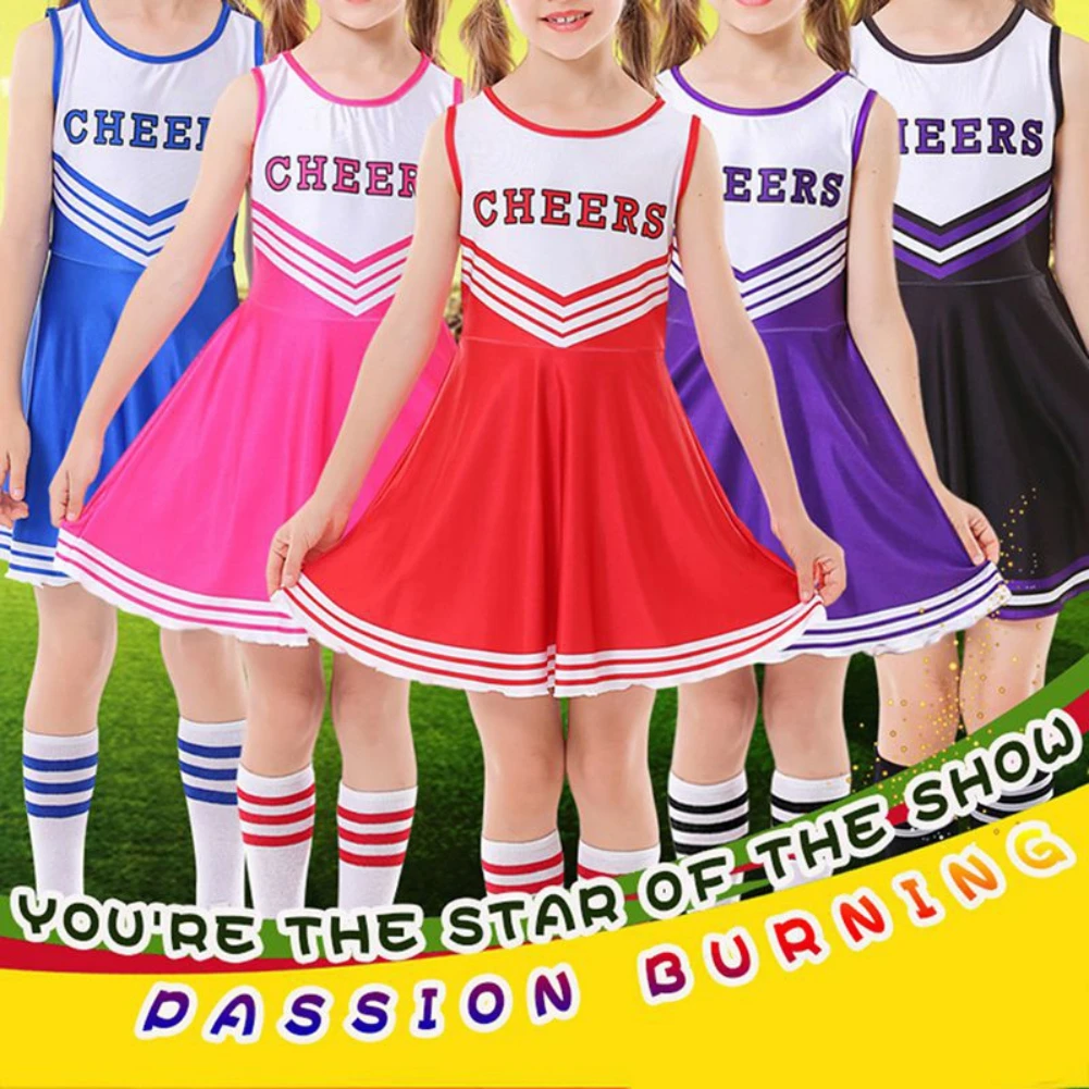 Kid Girls Cheerleader Costume Dress Pompoms Outfit Purim Schoolgirl Cheer Stage Performance Cheerleading Uniform Team Sports