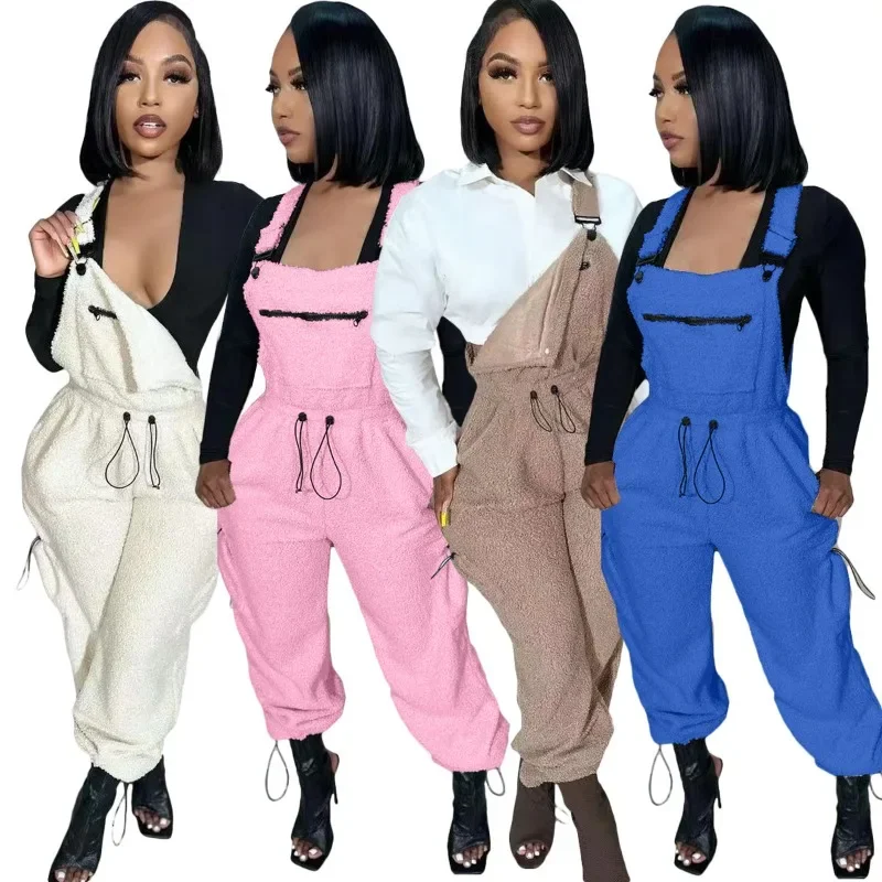 

Plush Cashmare Solid Cargo Jumpsuit Women Drawstring Pockets Braces Fashion Casual Loose Overall Autumn Winter Streetwear Romper