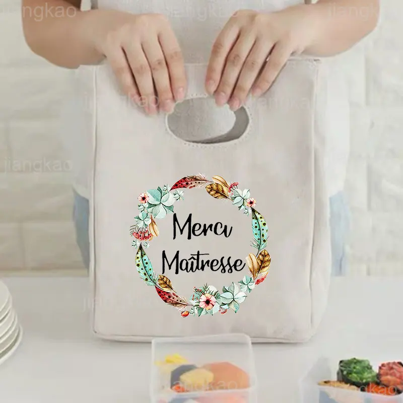 French Print Pattern Cooler Lunch Bag Portable Insulated Canvas Bento Tote Thermal School Picnic Food Storage Pouch Teacher Gift