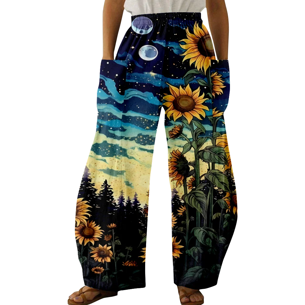 Spring Stylish Sunflower Pants Summer Casual Trousers Women Harajuku Y2K Trousers Loose Pants Pocket Wide Leg Pants Pantalon