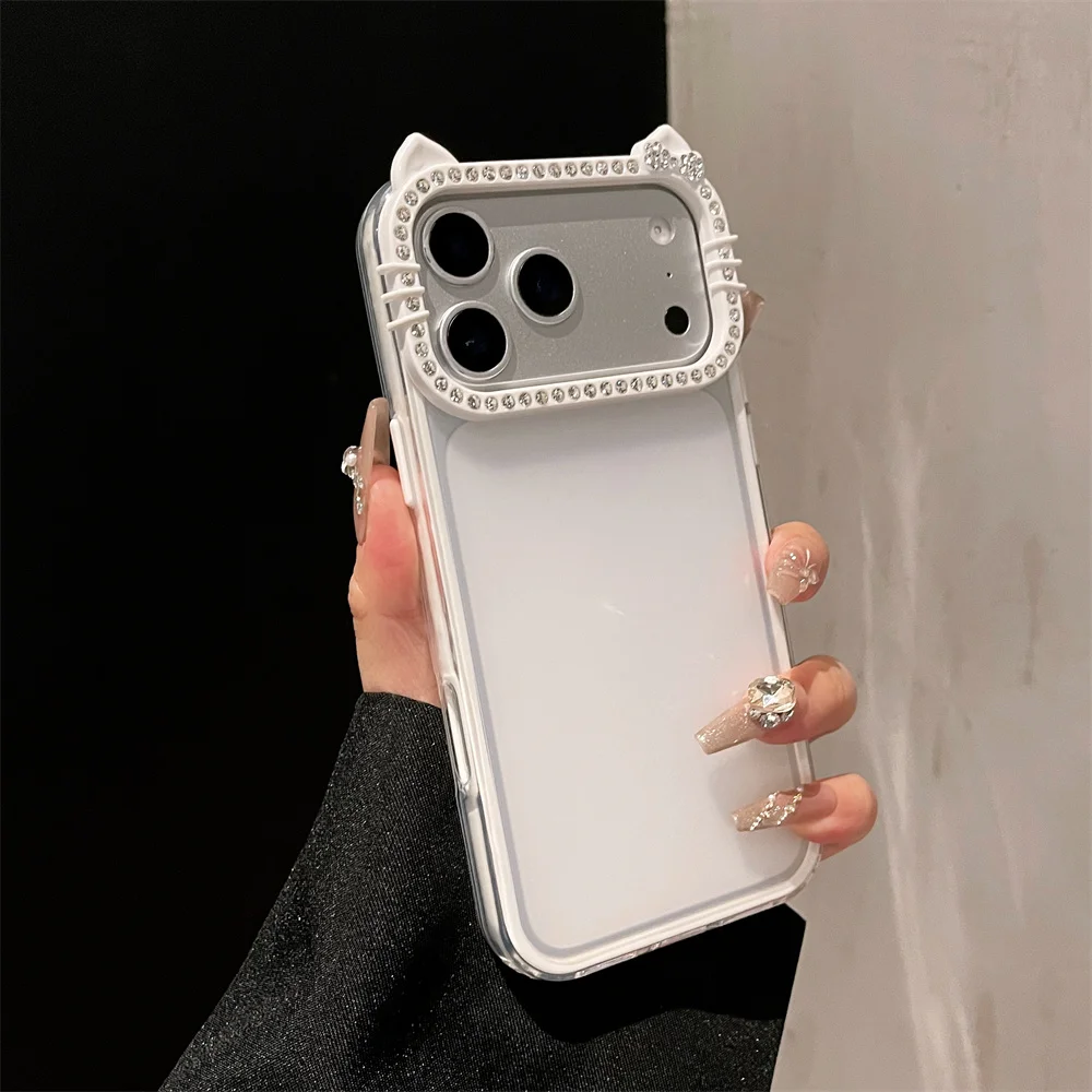 Luxury Rhinestone Cat Ears Matte Transparent Phone Case with Candy Color Bumper