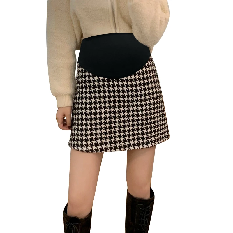 Pregnant Women Autumn Clothes Belly Skirts Vintage Plaid Maternity Empired Woolen Skirt Leopard Striped Pregnancy A-Line Skirts