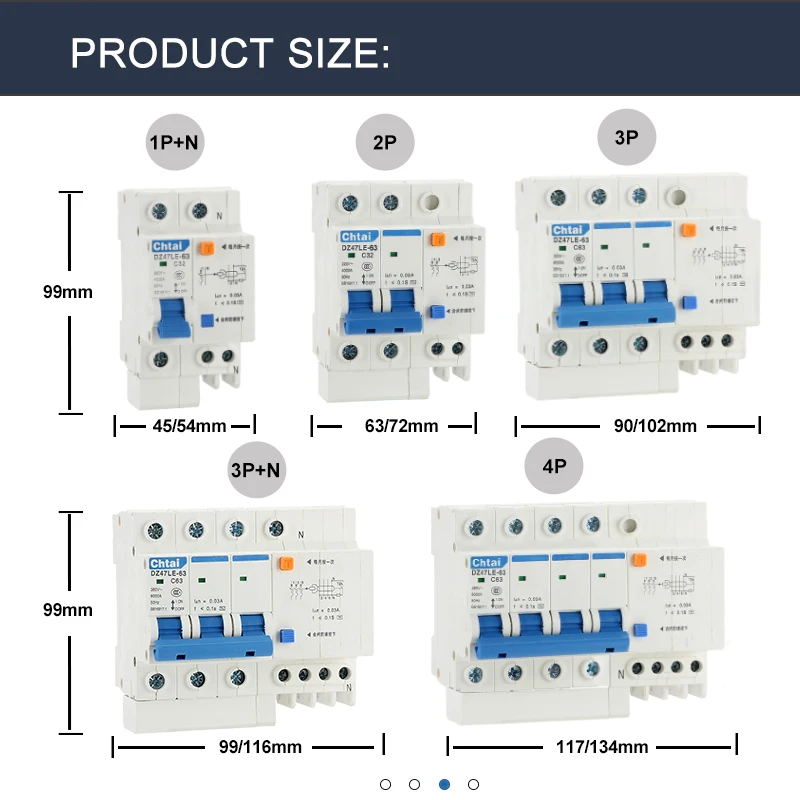 DZ47LE-63 1P+N 2P 3P 3P+N 4P RCBO 63A Din rail Residual Current Protection switch Mini earth leakage circuit breaker Household