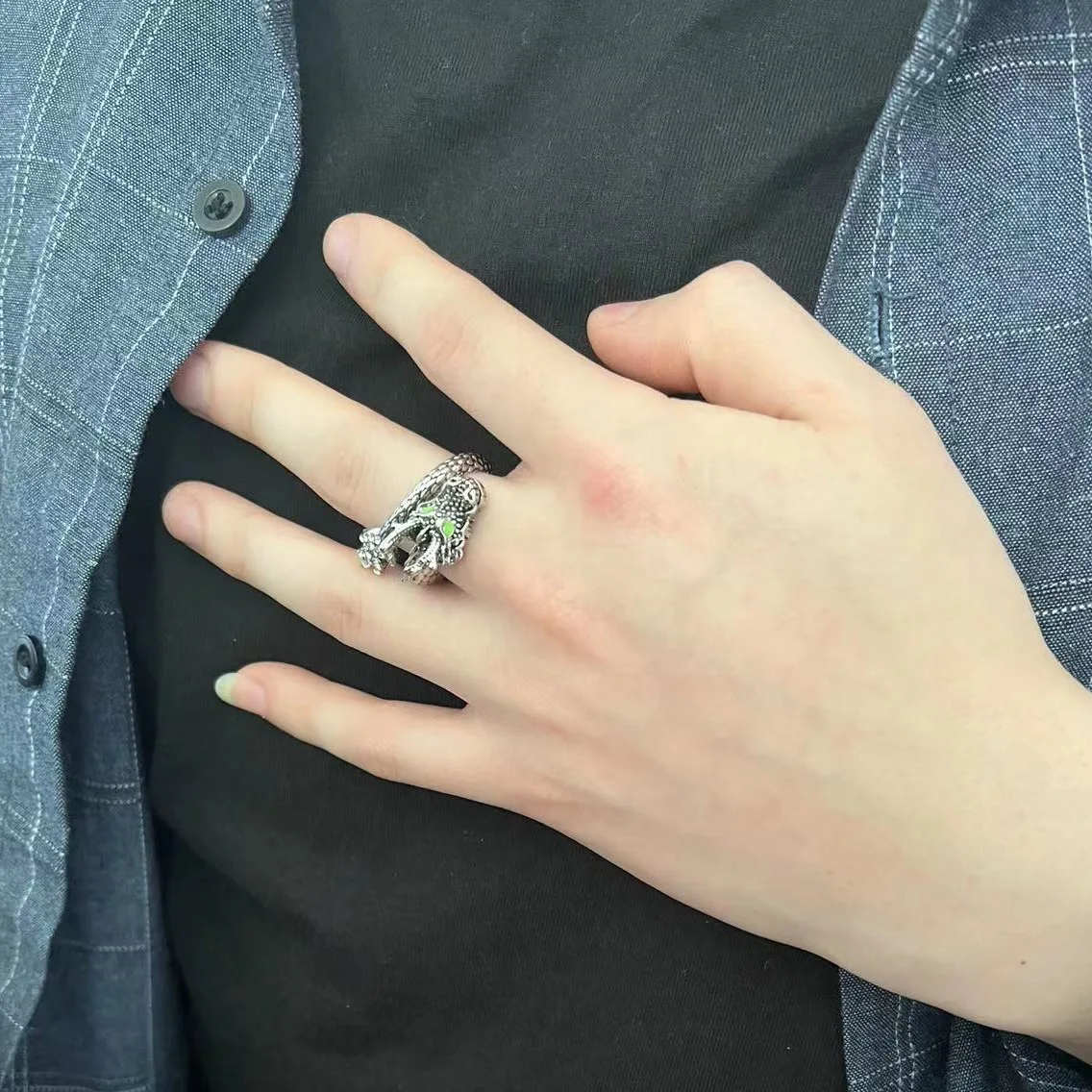 Vintage Dragon Open Ring for Men Green Eyes Heroic Spirit Silver Color Hyperbole Male Rings Punk Party Men Jewelry Gift animal ring,silver ring,opening ring,finger ring