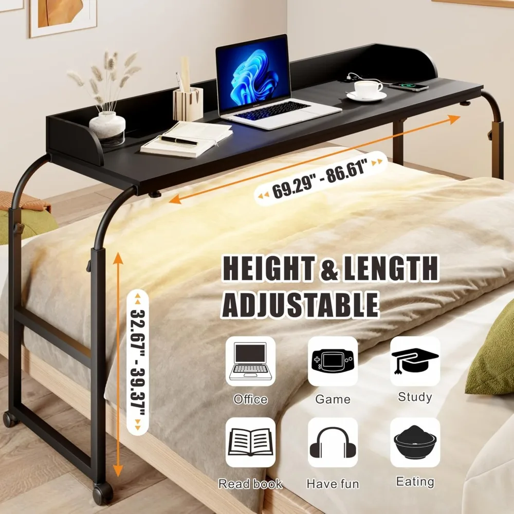 "king-sized rolling laptop desk with adjustable height, charging port, and led light"