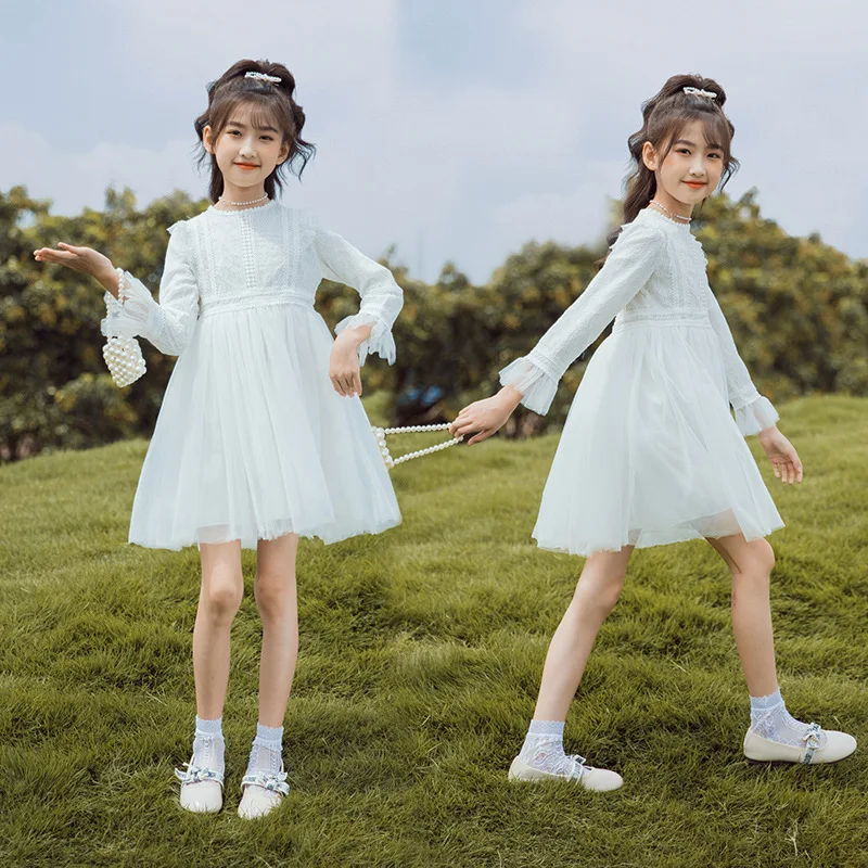 

Baby Girls Dress Clothes Mesh Korean Long Sleeve Girl Dresses Lace Chain Link Princess Dress Children Girls White Skirt
