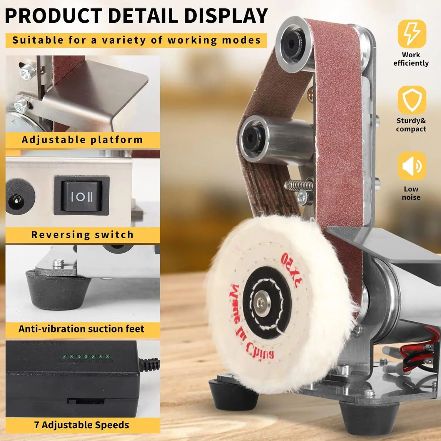 Mini Belt Sander Electric Sanding Polishing Grinding Machine 7 Variable Speed with Grinding Wheel for Polishing Wood Acrylic 5