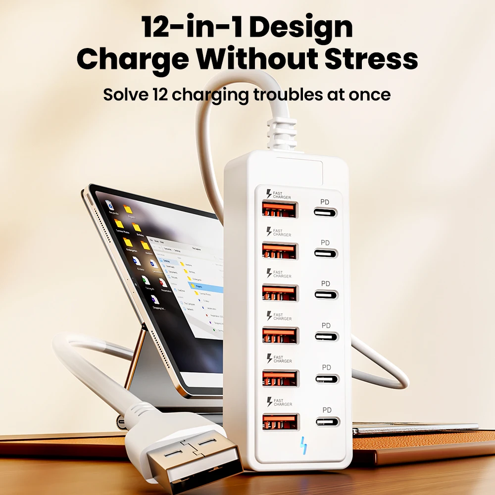 Multifunctional 12-in-1 USB-C Hub Power Strip with Fast Charging and High-Speed Data Transfer