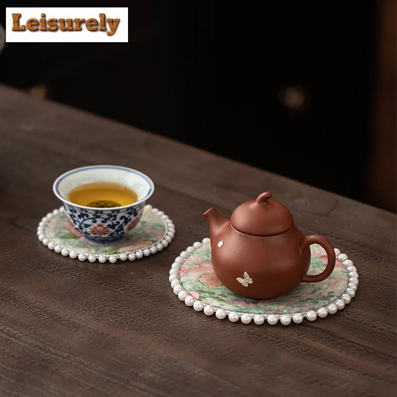 Brocade Flowers Beaded Coasters Antique Hot Pad For Coffee Cups Saucer Heat Insulation Placemats Cup Holder Teaware Accessories