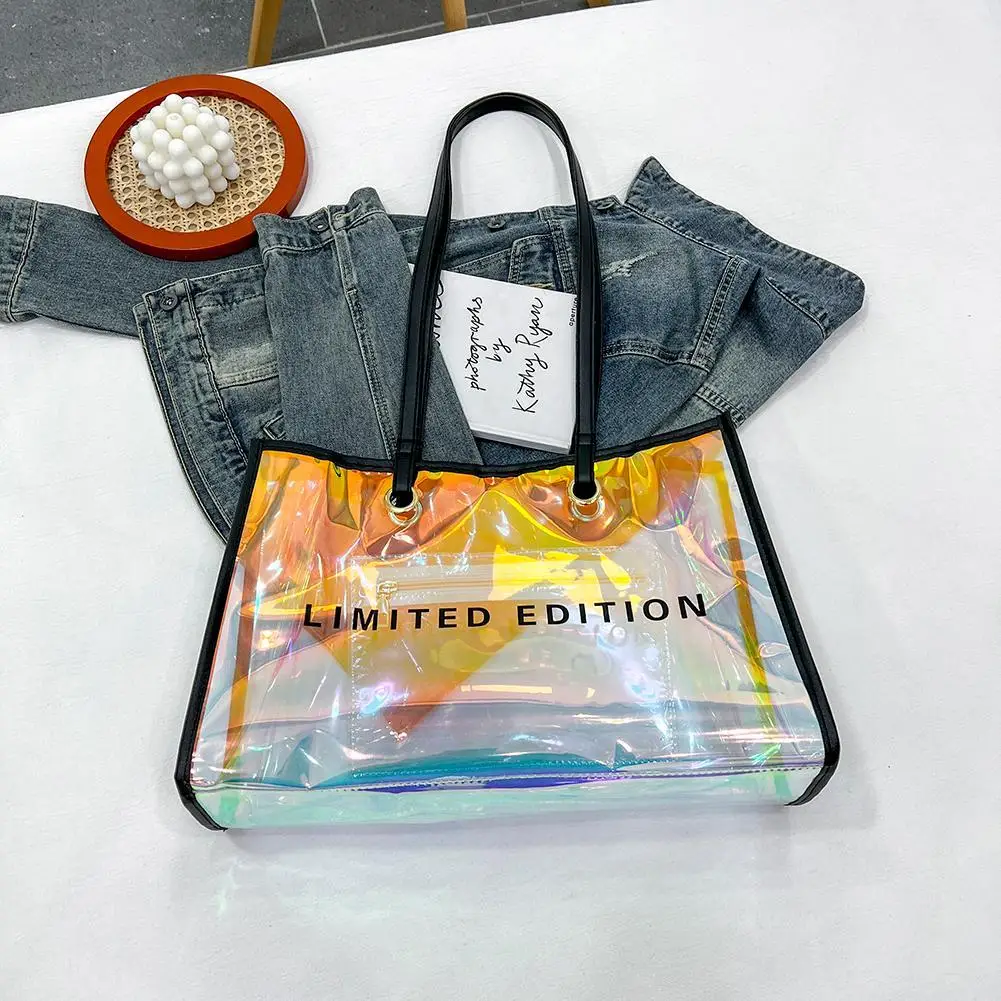 Female Casual Laser PVC Clear Summer Holiday Beach Portable Clutch Tote Bags for Christmas Birthday Party Gift