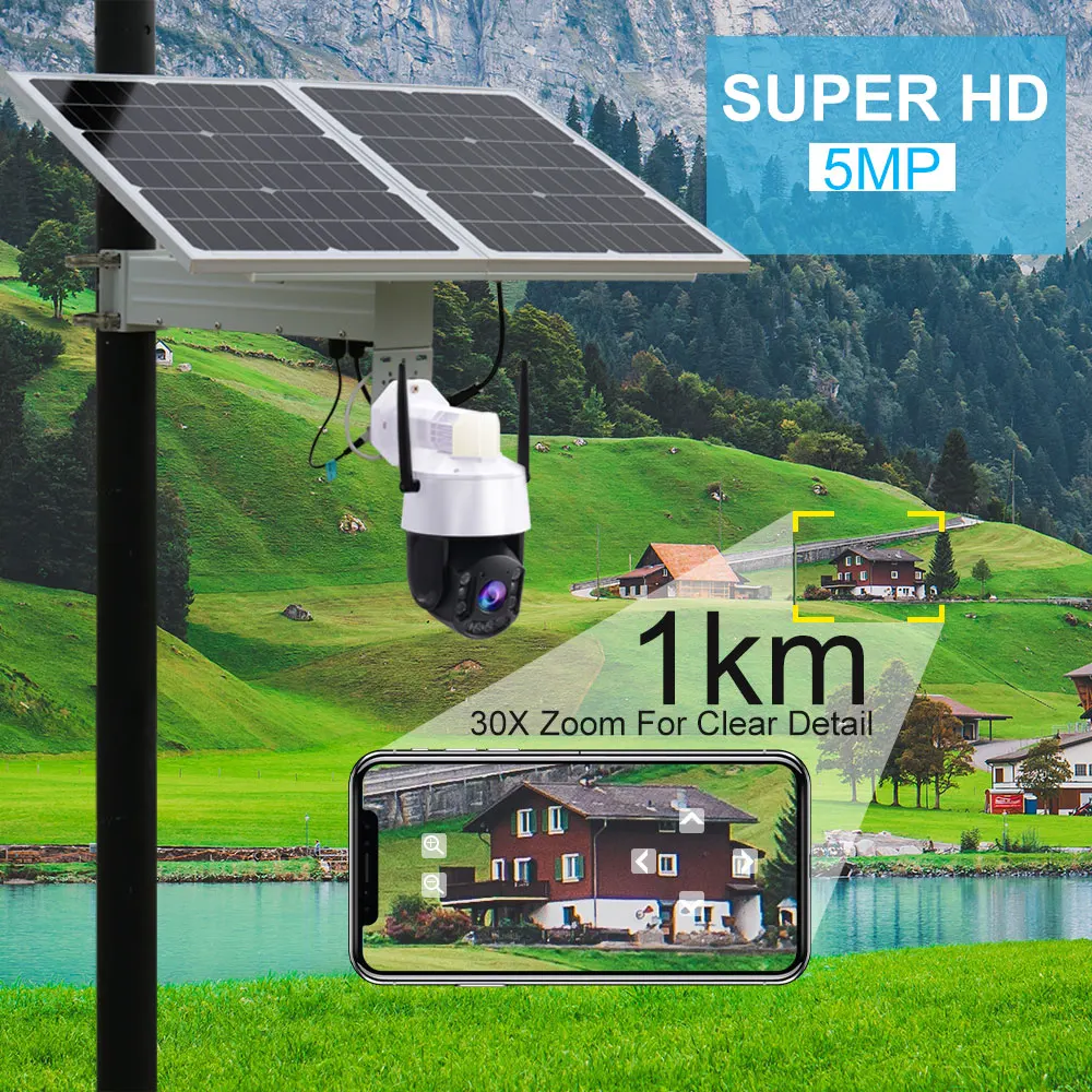 TecDeft ODM 자동 인체 추적 GSM 알람 4K 30배 줌 WIFI 5MP 야외 태양광 배터리 PTZ 태양광 카메라 4G 심카드