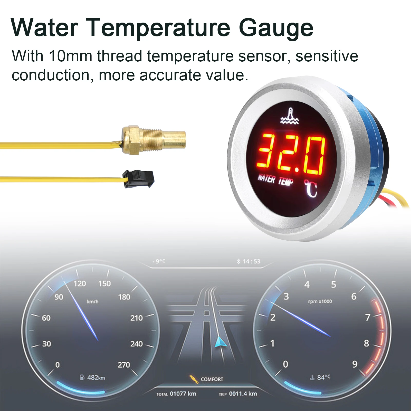 52mm Water Temperature Gauge Car Digital Meter LED Display 9-36V with Temperature Sensor Alarm Function