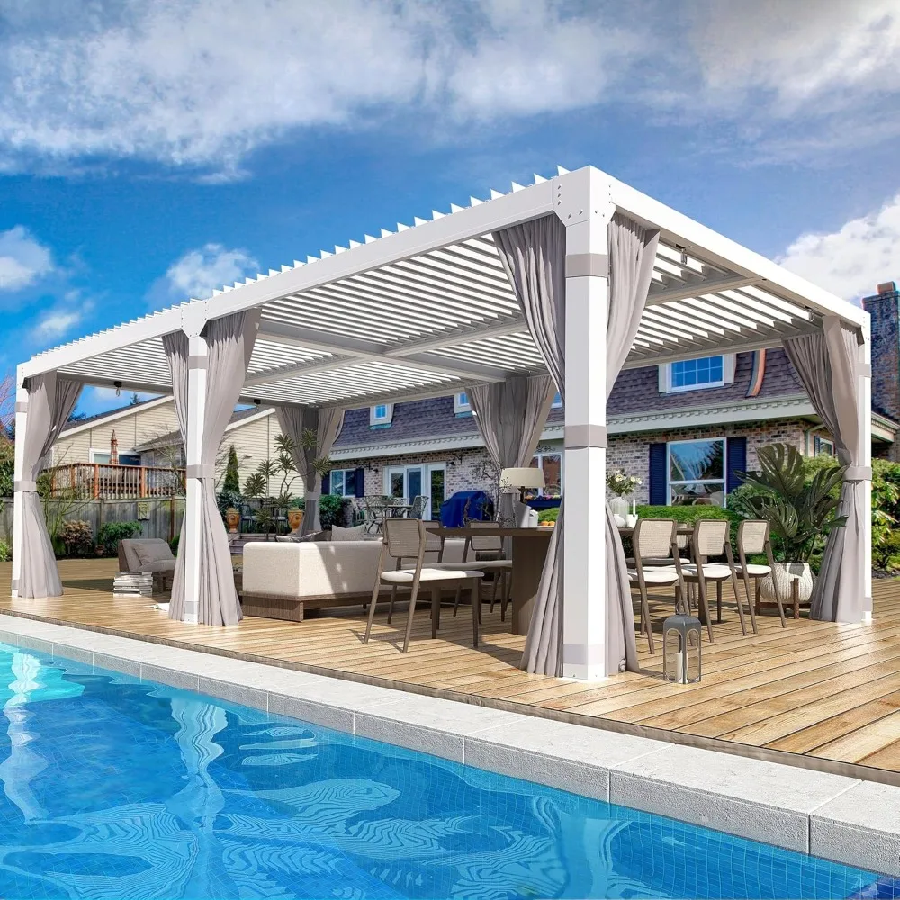 Louvered Pergola 10x20, Aluminum Pergola with Adjustable Waterproof Roof, Outdoor Pergola with Curtains and Netting Gazebos 6