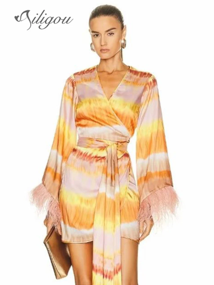 

Ailigou 2023 New Women'S Sexy V-Neck Long-Sleeved Mini Dress Fashion Belt Printing Feather Elegant Celebrity Party Dress
