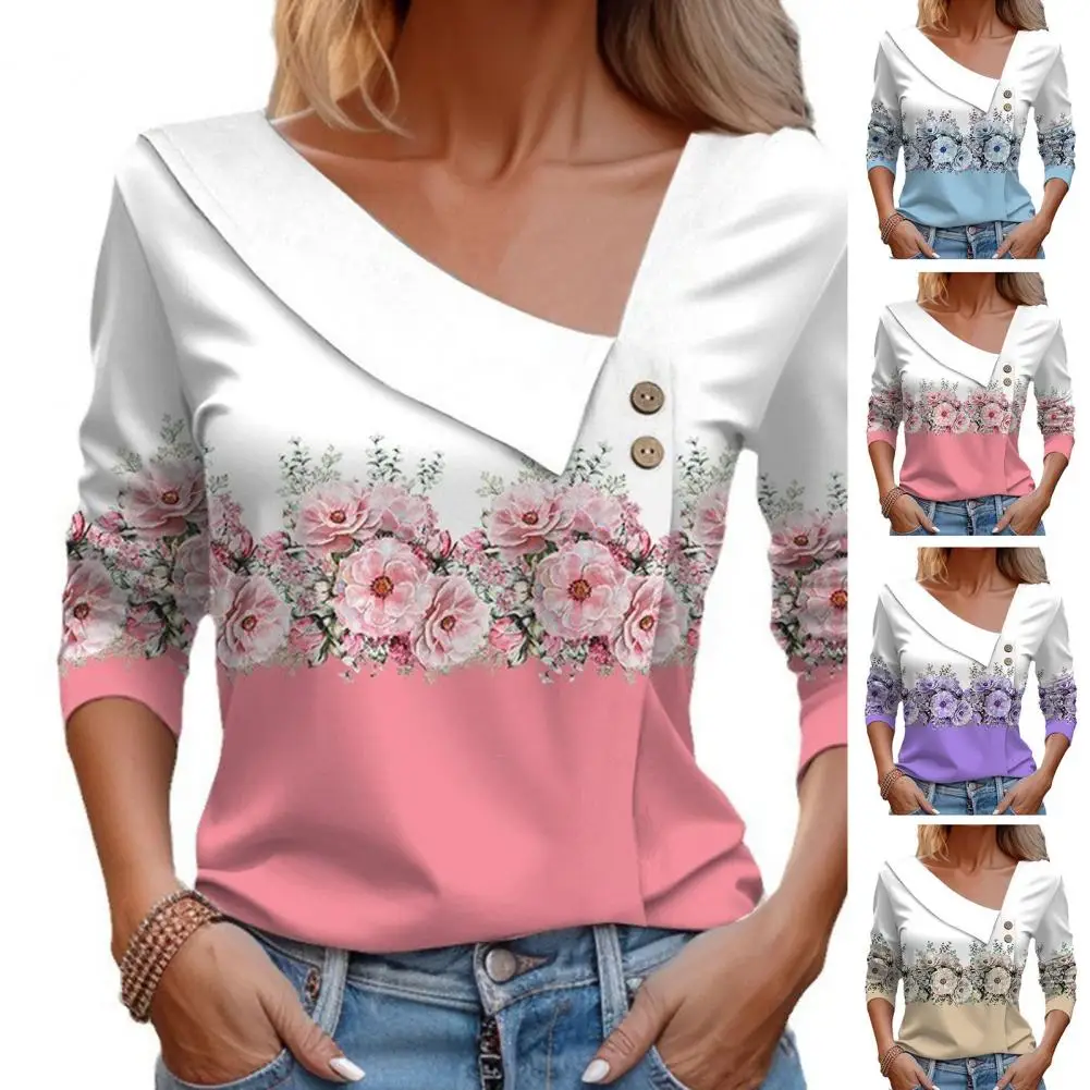 Soft Stretchy Top Flower Print V Neck Pullover Blouse for Women Loose Long Sleeve Mid Length Top with Button Decor Fall Spring