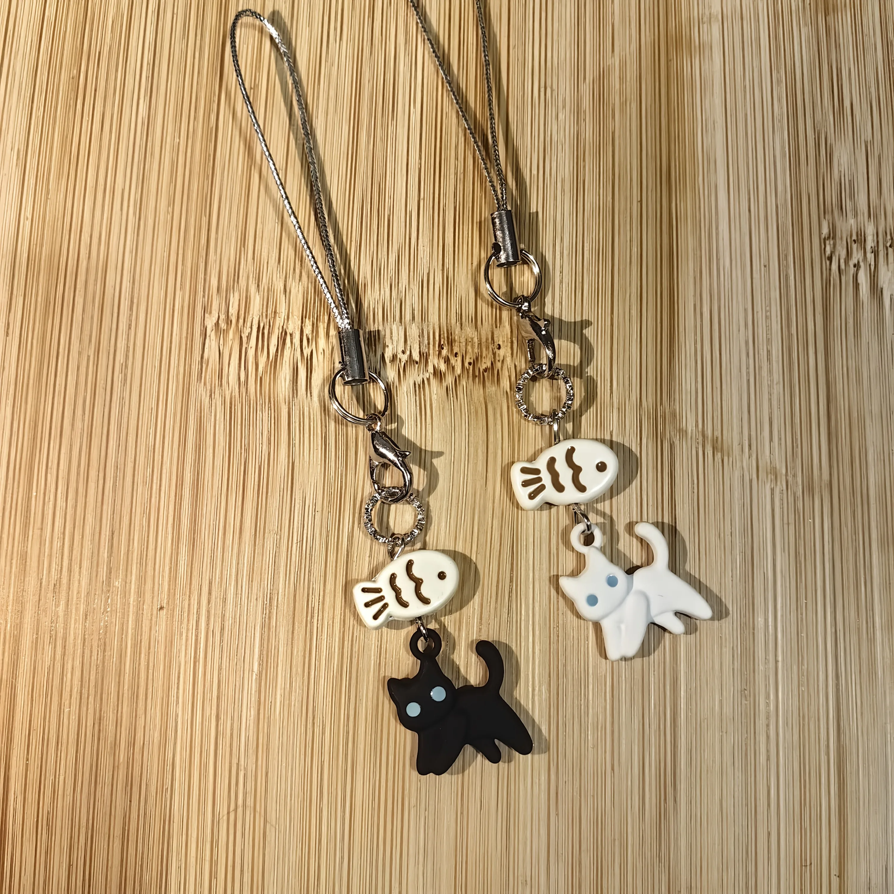Adorable Black & White Cat and Fish Phone Charm & Keychain Pendant Set