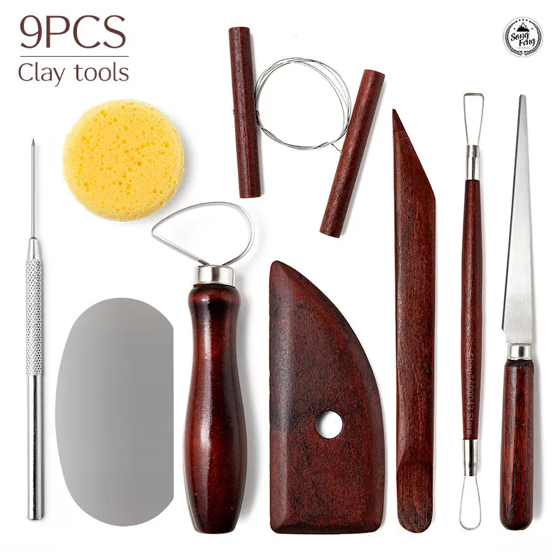 Pottery Tool Set Red Wood Pull Blank Tool Clay Sculpture Carving DIY Model Pottery Sponge Mud Cutter Scraper Set