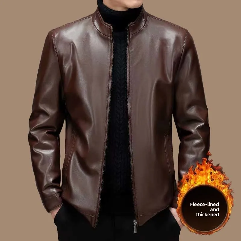Men's Leather Jacket Thickened Genuine Leather Coat Slim Fit Business Casual Style Winter Warm Fashion City Middle-aged And E... - 3
