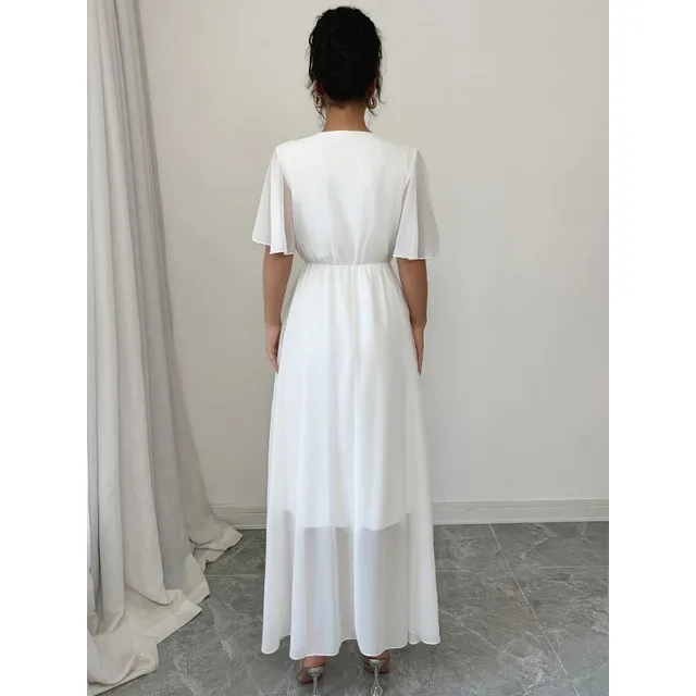Plus Size Womens Summer Flowy Chiffon Midi Dress Casual V Neck Short Sleeve High Waist Boho Beach Dress Wedding Guest Maxi Dress 2