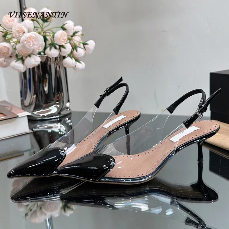 

Shiny Leather Designer Ladies Small Thin Heel Party Runway Shoes Heart Film Pointy Toe Slip on Sling Back Hollow Out Mesh Mules