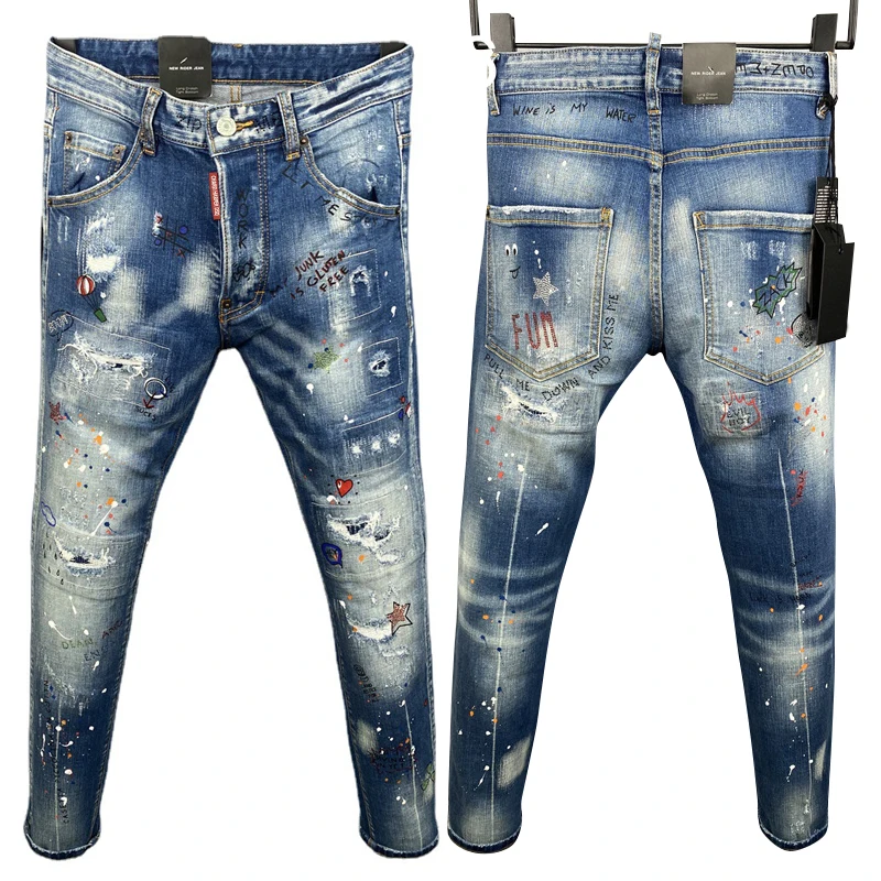 

cheiharper dsq 9806 new men's trousers embroidery paint spot holes ground white jeans slim slim straight foot denim