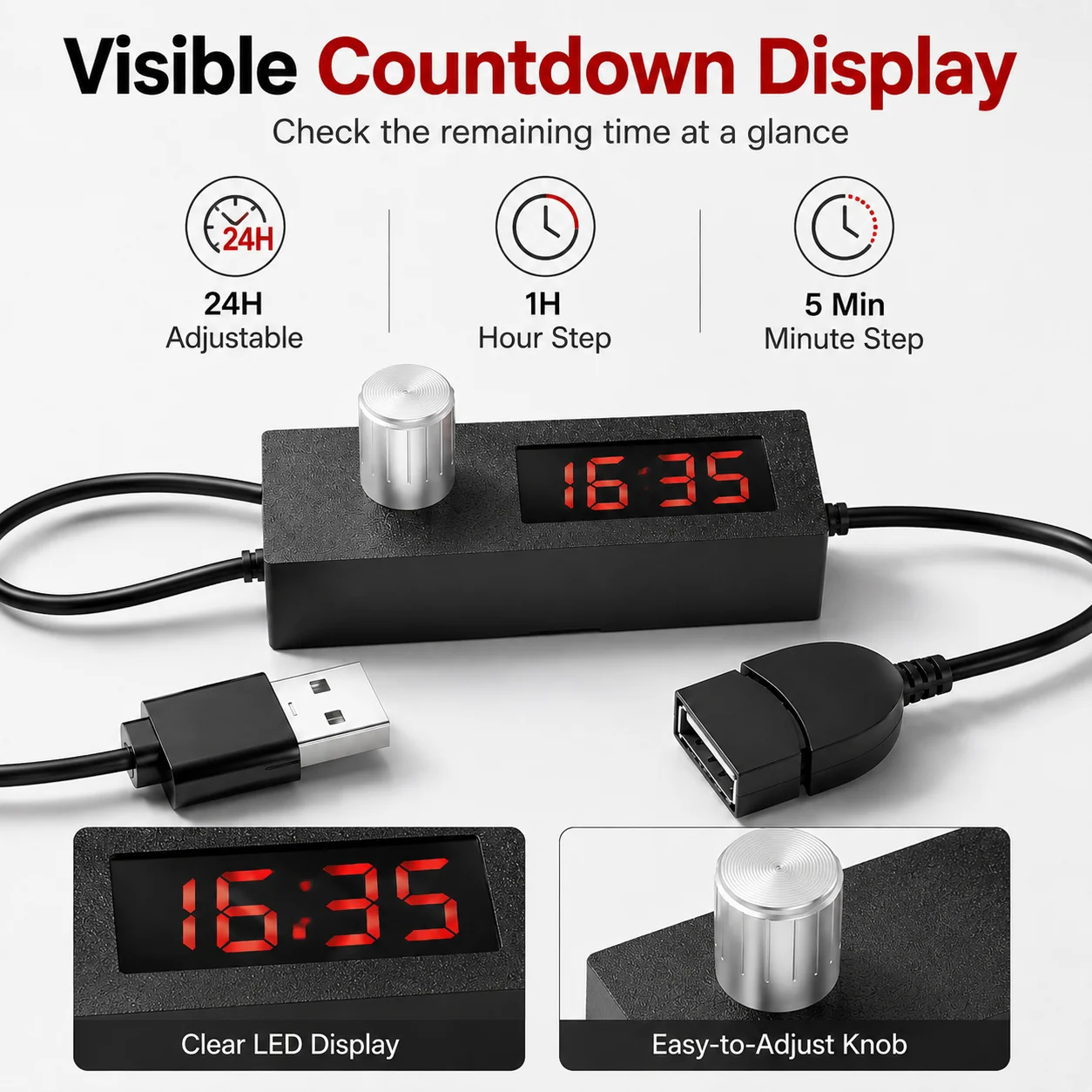 USB Adjustable 24H Countdown Timer Power Off Switch Controller Cable