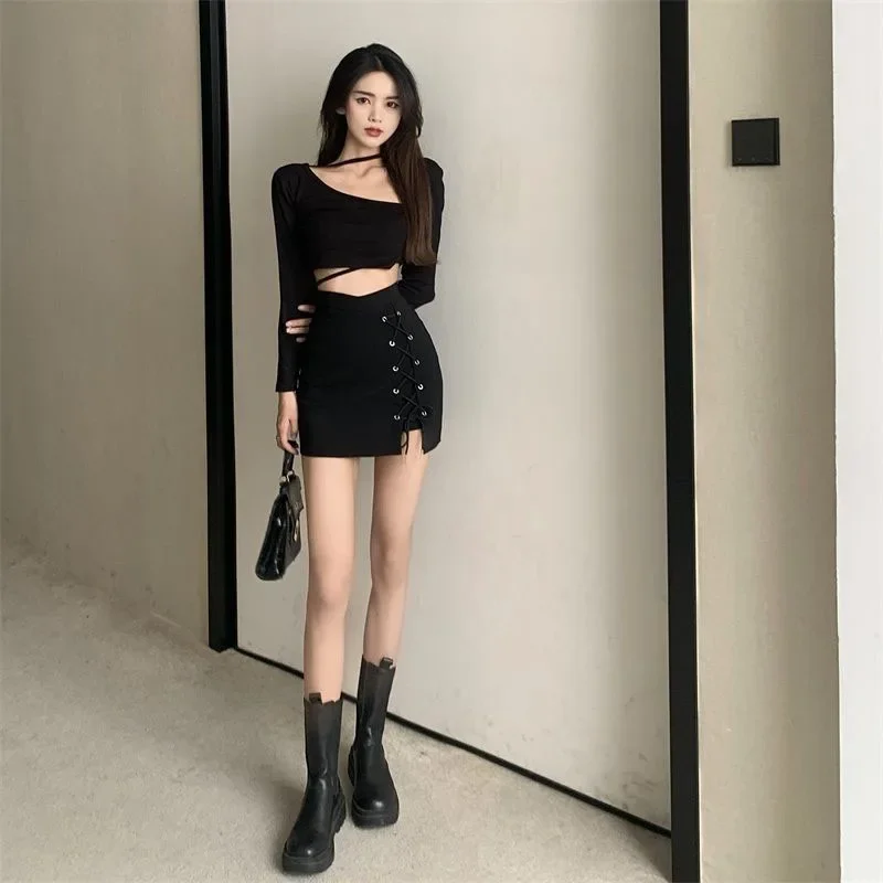 Xpqbb Gothic High Waist Black Mini Skirts Women Sexy Tight Bandage Bag Hip Short Skirt Woman Korean Slim Fit Zipper A Line Skirt 4